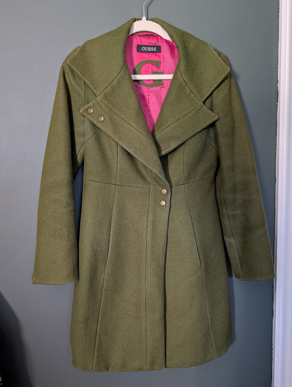 GUESS Olive Green Women's Trench Coat with Pink Lining